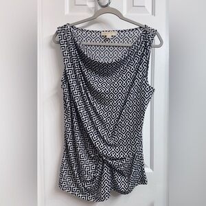 MICHAEL Michael Kors Black and White Geometric Sleeveless Draped Neck Blouse, L